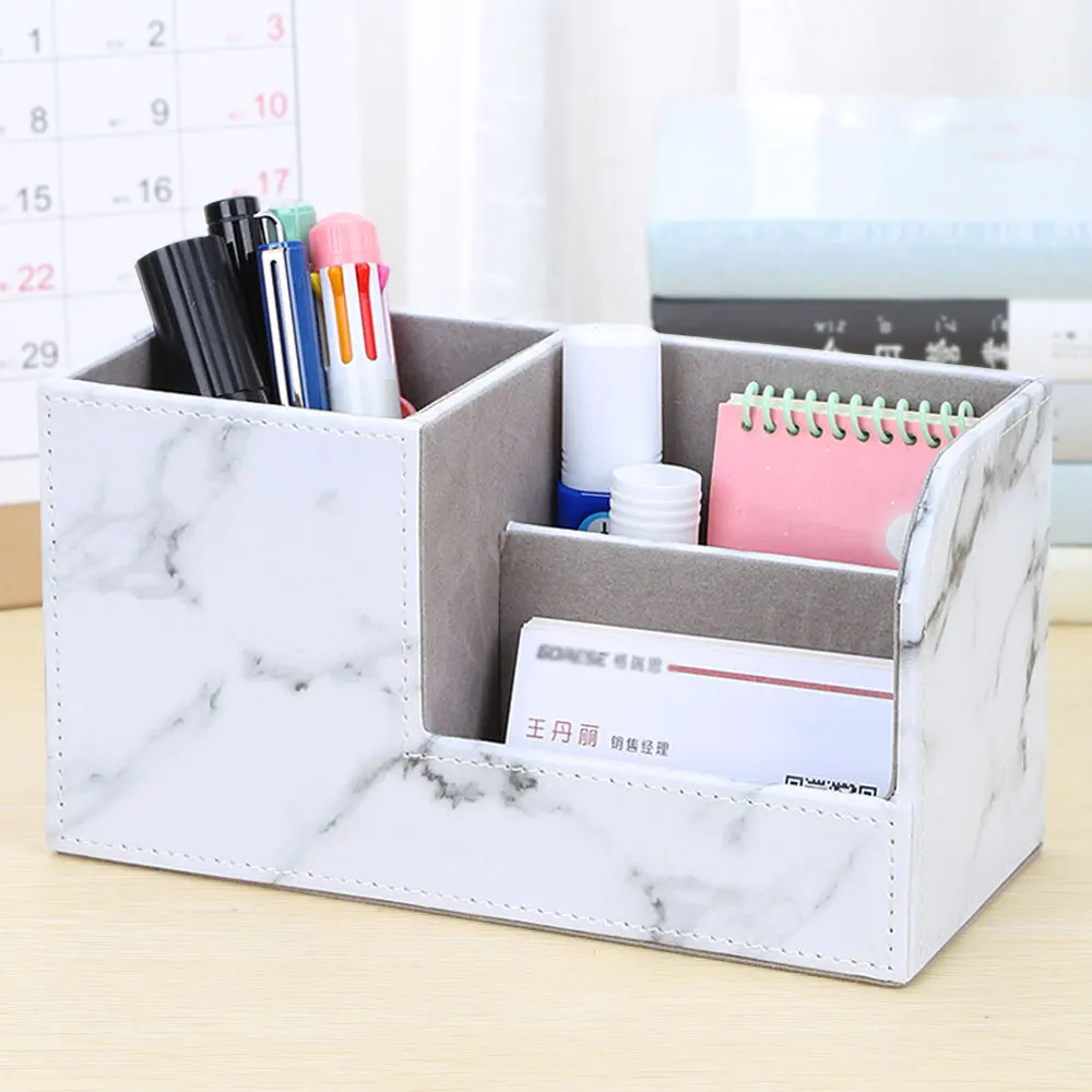 

New Marble Small Pen Holder Pencil Box PU Leather Desk Organizer Mobile Phone Stand Name Card Holder Office Storage Box ZM827