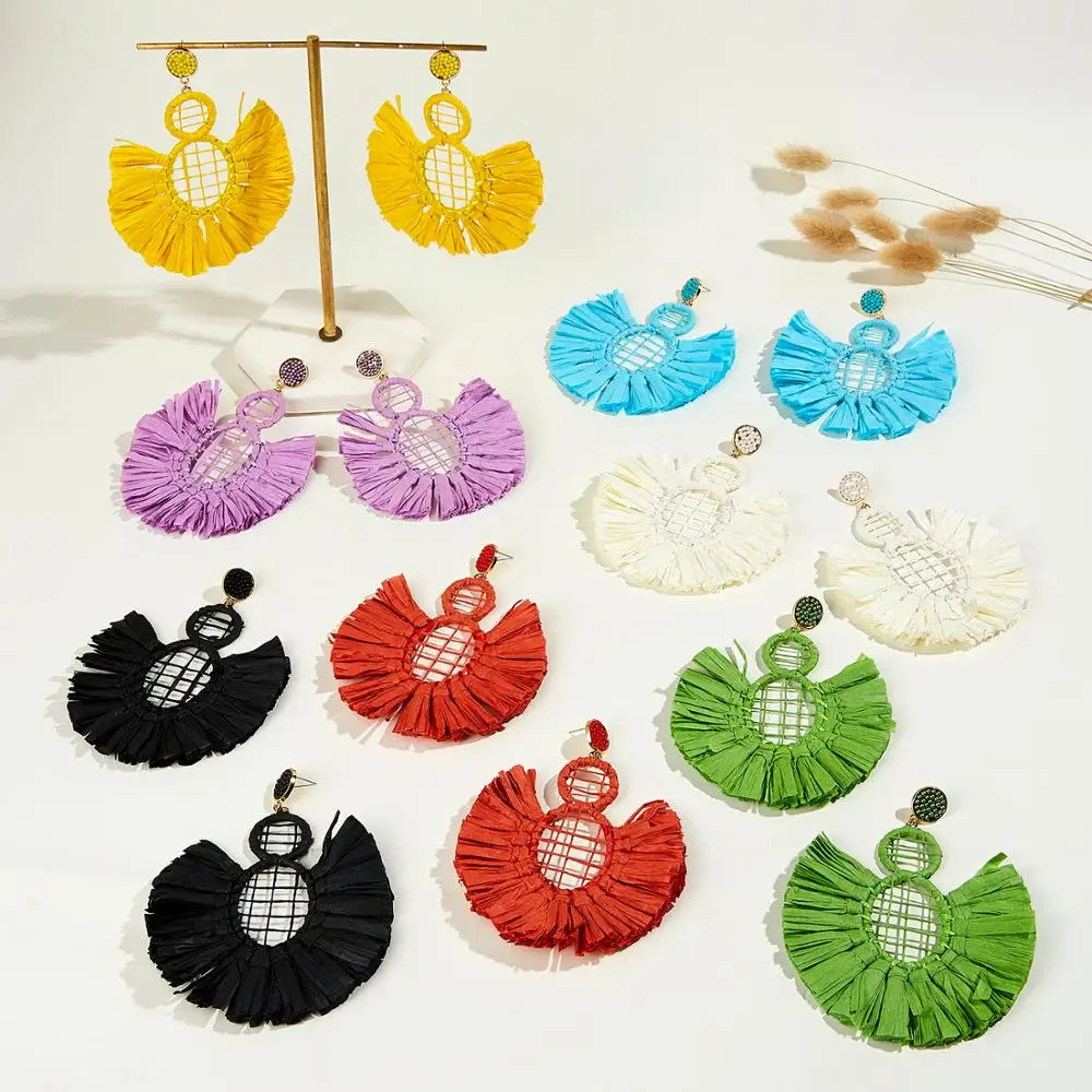 

Rinhoo Vintage Female Raffia Tassel Earrings Geometric Fan Shape Lafite Oversize Statement Dangle Drop Earring 2021 Boho Jewelry
