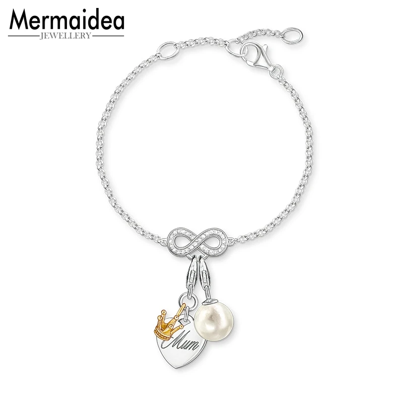 Браслеты с подвесками Mum with Pearl цепочка из звеньев Посеребренная модная Клубная