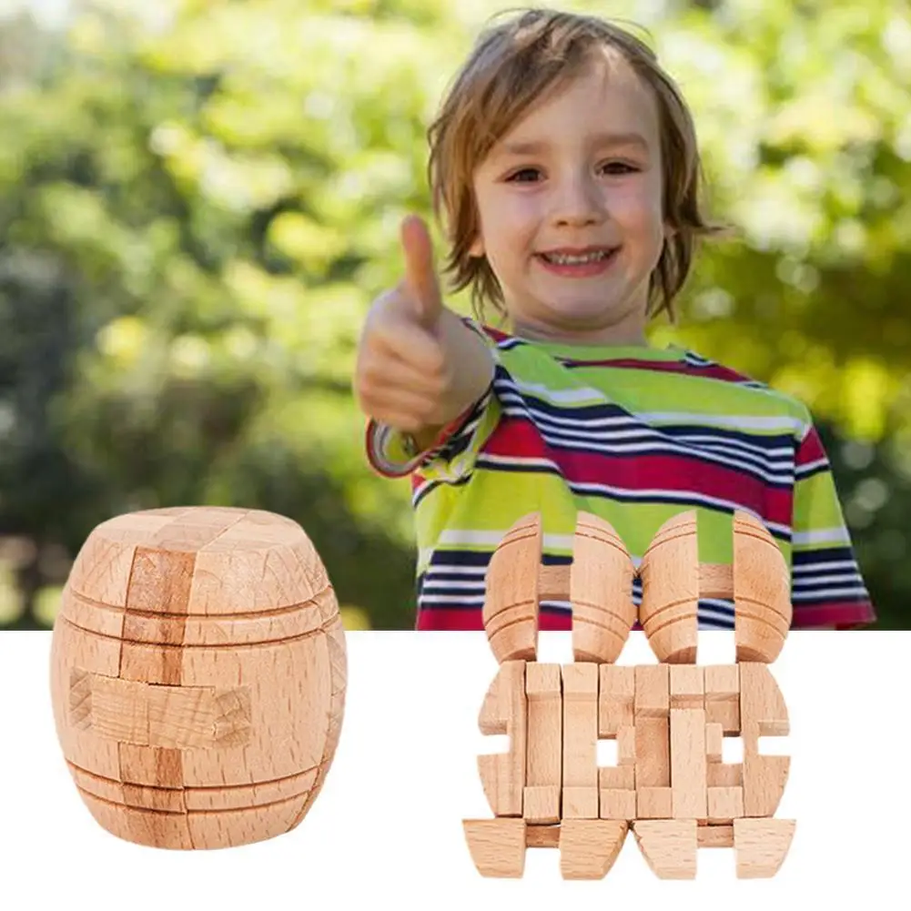 

4.5cm Wooden Educational Toys Wine Barrel Shape Classic Toy IQ Game Teaser Puzzle 3D Brain Lock For Kids Custom Wood Train Baby
