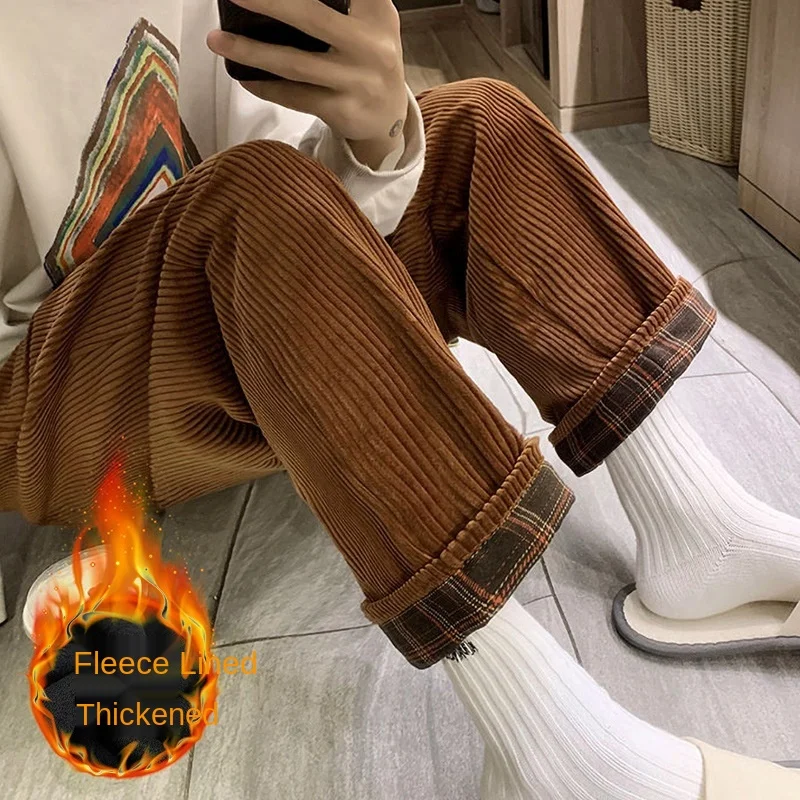 Женские брюки зимние однотонные вельветовые плотные повседневные широкие в