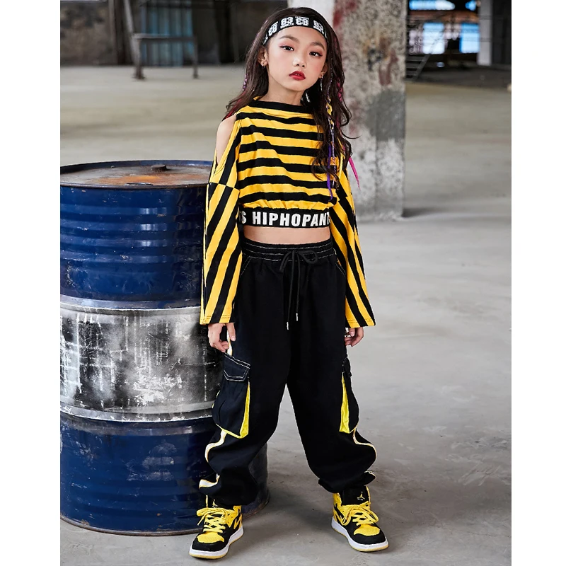 

Children Jazz Dance Costumes Yellow Stripe Shirt Pants Jazz Hip Hop Dance Clothing Girls Street Dancewear Stage Outfits 110-170