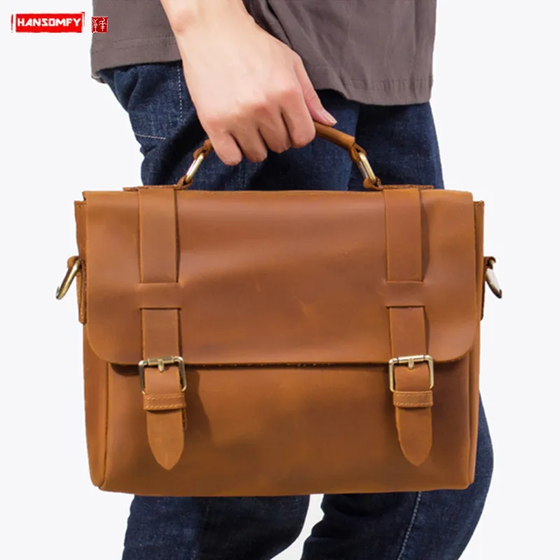 Men's Briefcase Laptop Bag Men Handbag Simple Shoulder Messenger Bags Retro Leatehr Business Casual Handmade Crazy Horse Leather