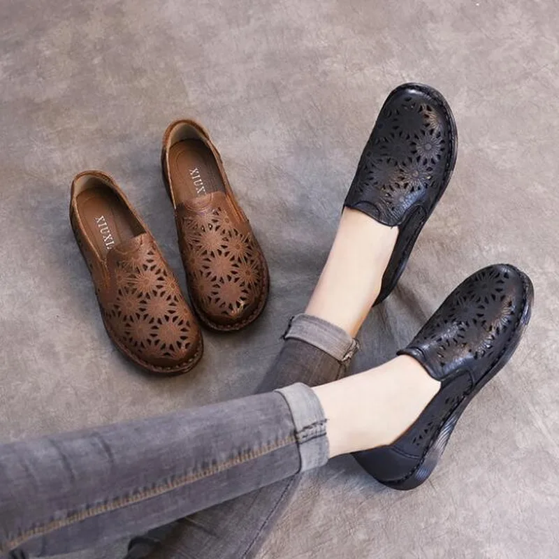 2020 Summer Women Flat Sneakers Shoes Genuine Leather Casual Flats Women Hollow Out  Ladies Slip on Loafers Ballerina Espadrille