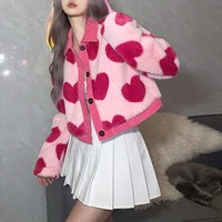 kawaii red heart pink pattern plush jacket womens winter fashion long sleeved top loose single breasted harajuku jacket short