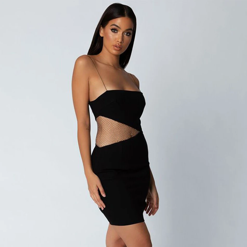 Женское Бандажное платье с бусинами черное облегающее спагетти вечерние платья