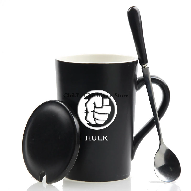 

Disney Fashion Creative Avengers 3 Iron Man Spiderman Black Panther Captain America Thor Mark Ceramic Milk Cup with Lid Spoon
