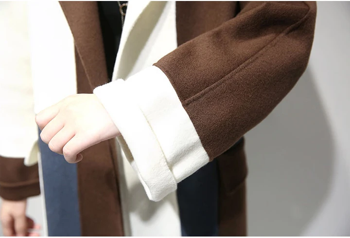

2021 Women Autumn Winter largeSize long Woolen Coat Female Stitching Contrast Color over Fhe knee Wool parka Coat