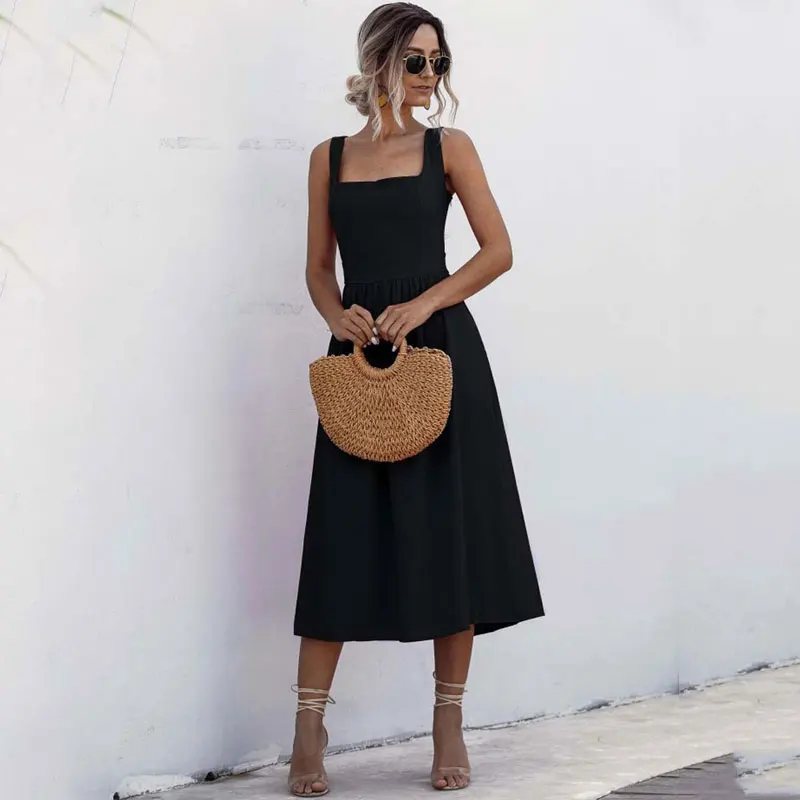

2021 Summer Long Spaghetti Strap Dresses Women A Line Party Dress Female Sundresses High Waist Holiday Backless Robe Femme