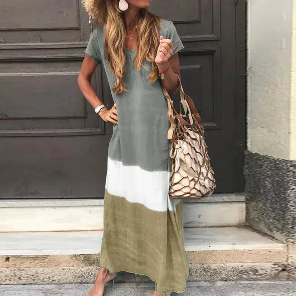 Women Maxi Dress Plus Size 5XL Daily Tie-dye Color Block Loose V Neck Short Sleeve Party Dresses ropa mujer 2020 NEW | Женская одежда