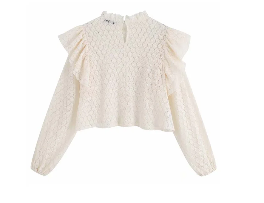 women sweet ruffles crop tops long sleeve solid female casual beige blouses summer hollow out chic shirts blusas |