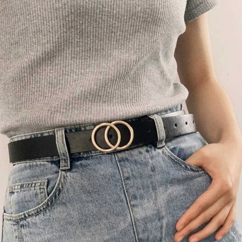 Women PU Leather Belts High Quality Double Round Buckle Designer Waist Belt Individual Casual Punk Jeans Female Decorative