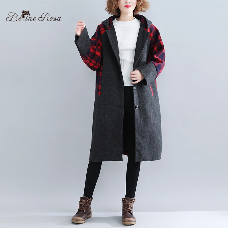 BelineRosa Англия Стиль Плед Зимнее Пальто Свободные Длинные Лоскутные Плюс Размер