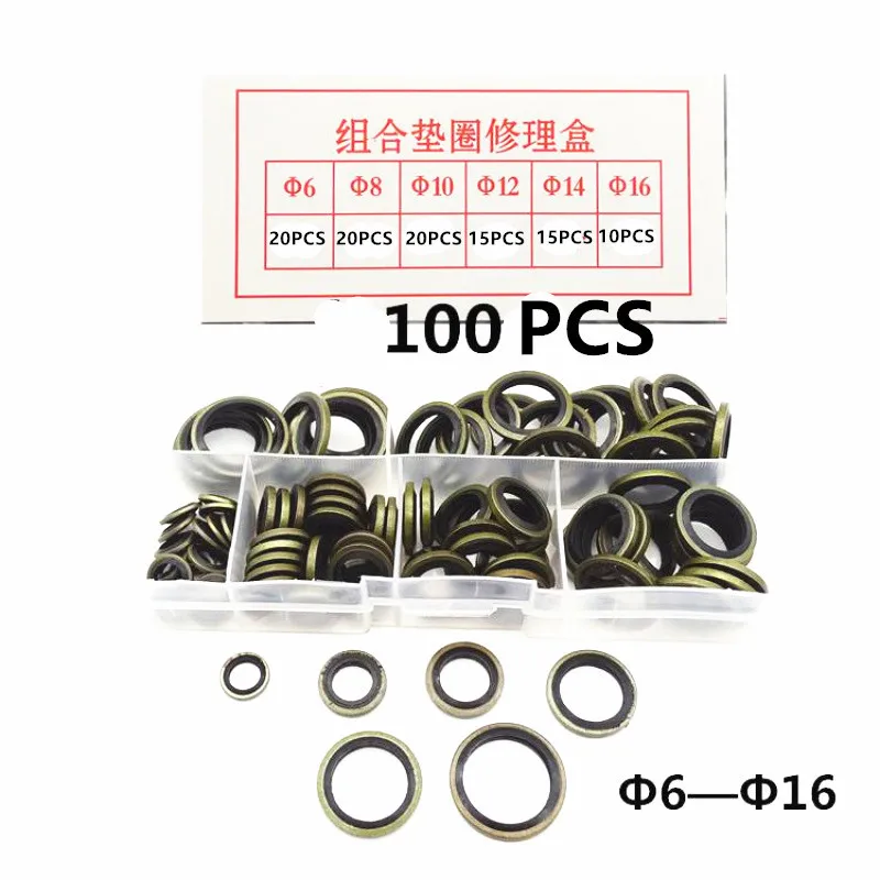 

100PCS M6 M8 M10 M12 M14 M16 High Pressure Hydraulic Pipe Seal Pad Rubber Metal Shim Seal Gasket NBR Metal washer Kit