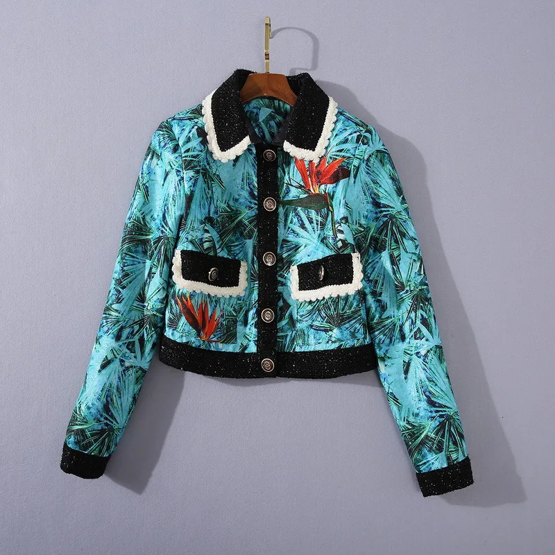 

European and American Women's Wear 2020 Winter New Style Long-sleeved Printed Jacquard Coat Sequined Parrot Skirt Fashion Suit