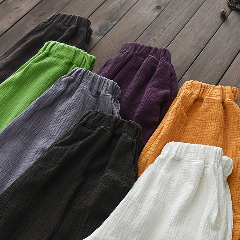 Широкие брюки свободные женские с карманами простые двухслойные хлопковые