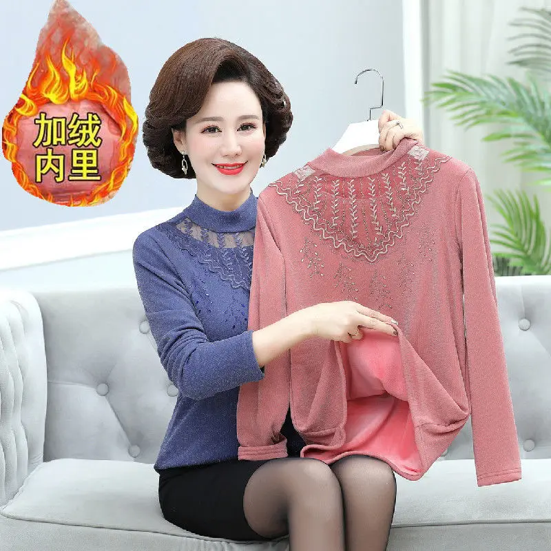 

Middle Aged Mother Bottoming Shirt Winter Fashion Plus Velvet Warm Lace Tops Long Sleeve Warm Tshirt Women Shirts Plus Size 5XL