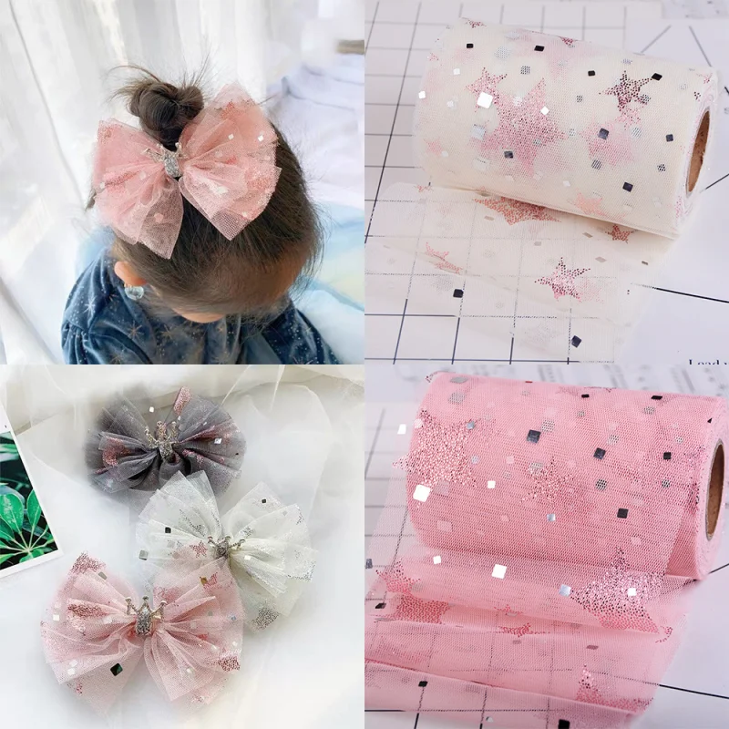 

5 yards 12cm Square Sequin Bronzing Stars Yarn Organza Ribbon DIY Gift Packing Headwear Hair Bow Accessories Wedding Party Decor