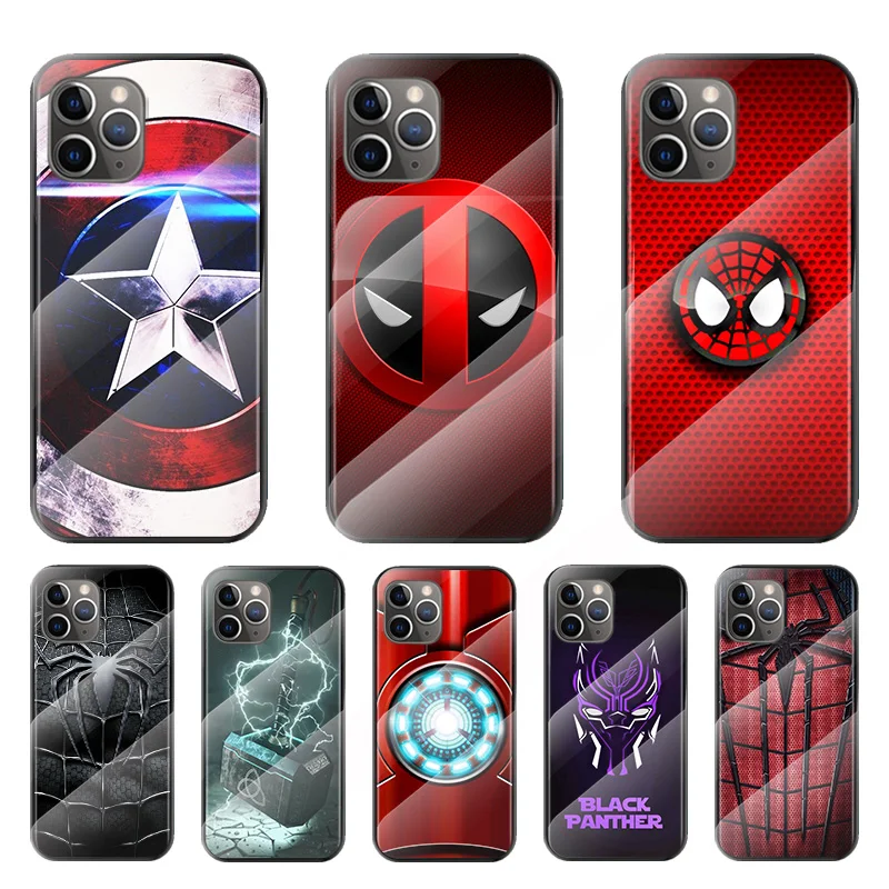 

Marvel Superhero Logo For Apple iPhone 12 11 8 7 6 6S XS XR SE X 2020 Pro Max Mini Plus Tempered Glass Cover Phone Case