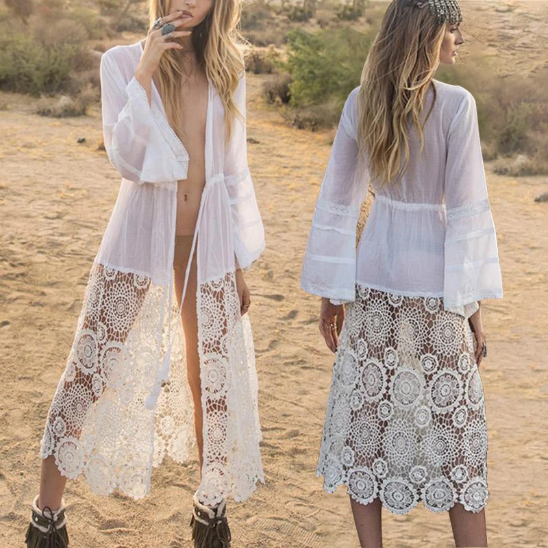 2021 пикантные прозрачные длинные кимоно кардиган белая кружевная блузка летняя