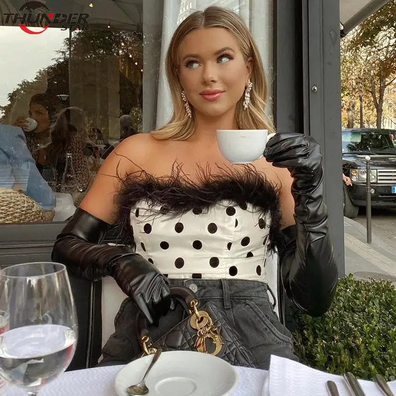 Женский топ в горошек с мехом из кусков сексуальный короткий весна-лето 2020