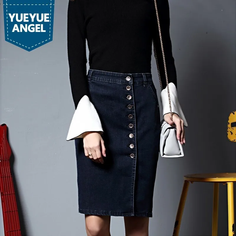 Plus Size 5XL 6XL Hot Sale Elegant Ladies High Waist Bounce Denim Skirts Single Breasted Jeans Saia Slim Fit Knee Length | Женская