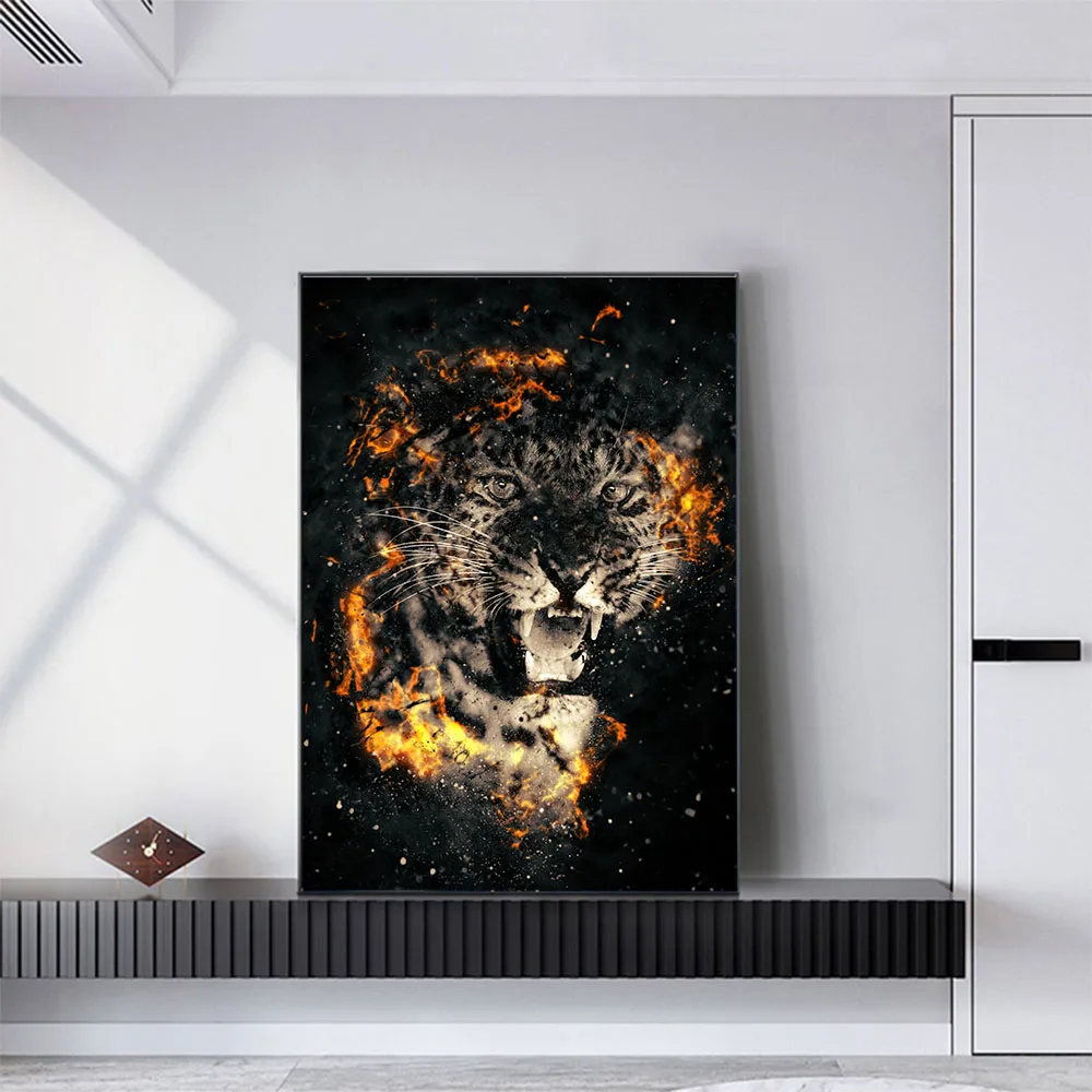 Современное абстрактное пламя лев леопард животные Искусство Картина настенное