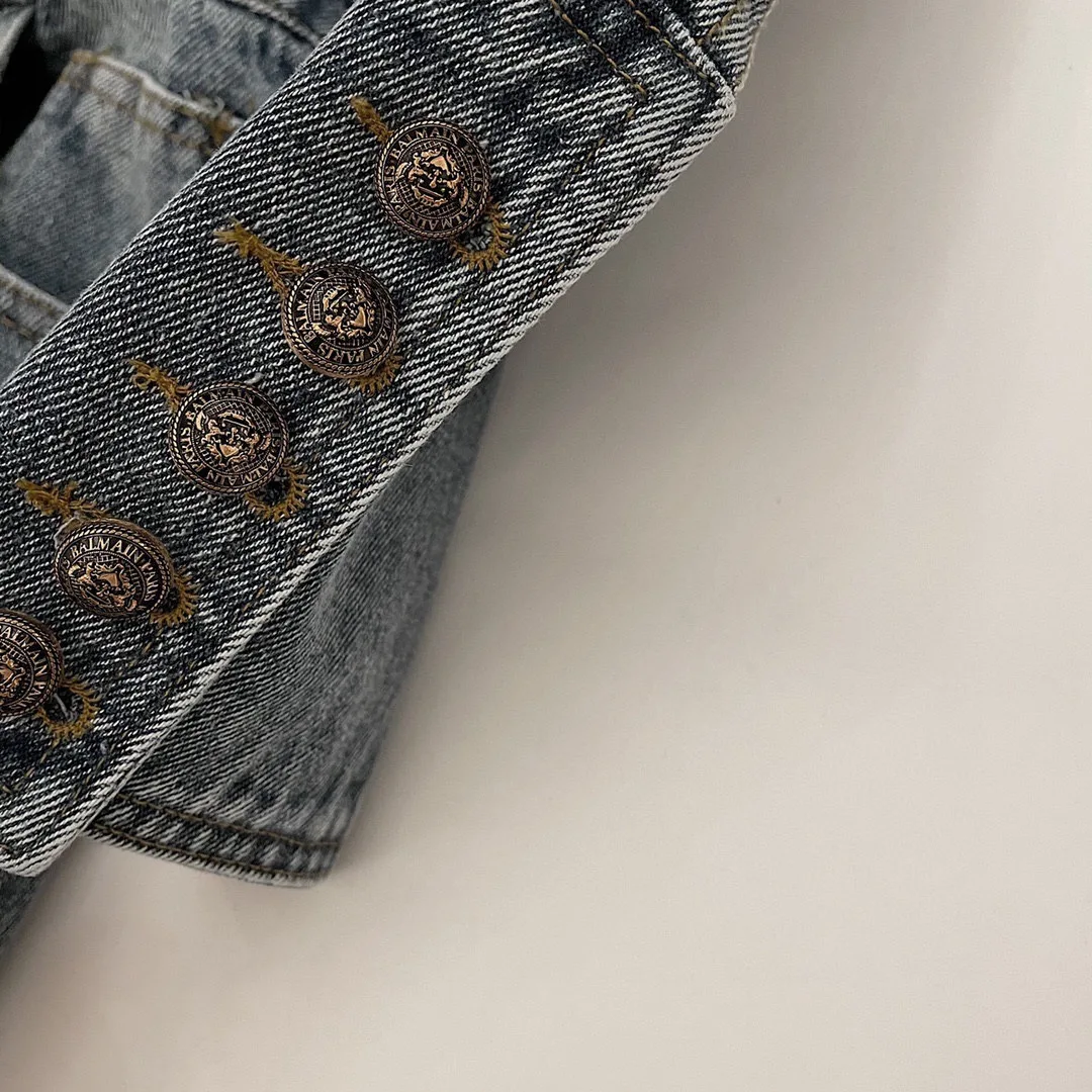 

2021 Spring Luxury Texture Heavy Industry Long-Sleeved Washed Worn-Out Double-Breasted Metal Buckle Denim Jumpsuit Loose Casual