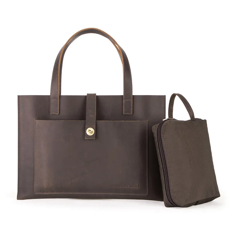 

Men's Bucket Laptop Bag Genuine Leather Handbag Vintage Business Briefcase Retro Large Bag for Macbook Pro Female Son-mother Bag