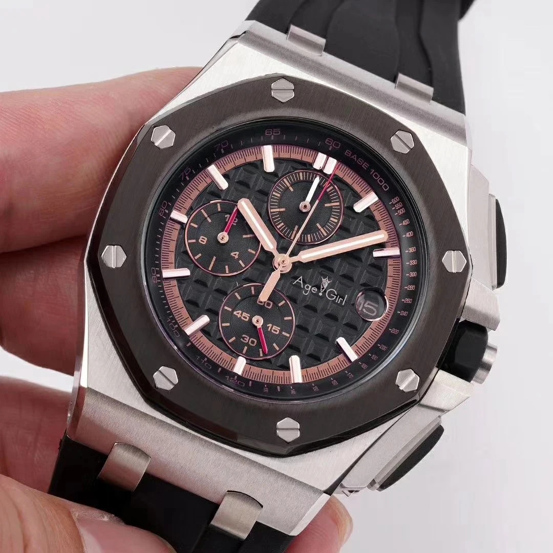 

Classic New Men Watches Chronograph Sapphire Stainless Steel Black Rubber Rose Gold Silver Luminous Stopwatch Gold Dial AAA