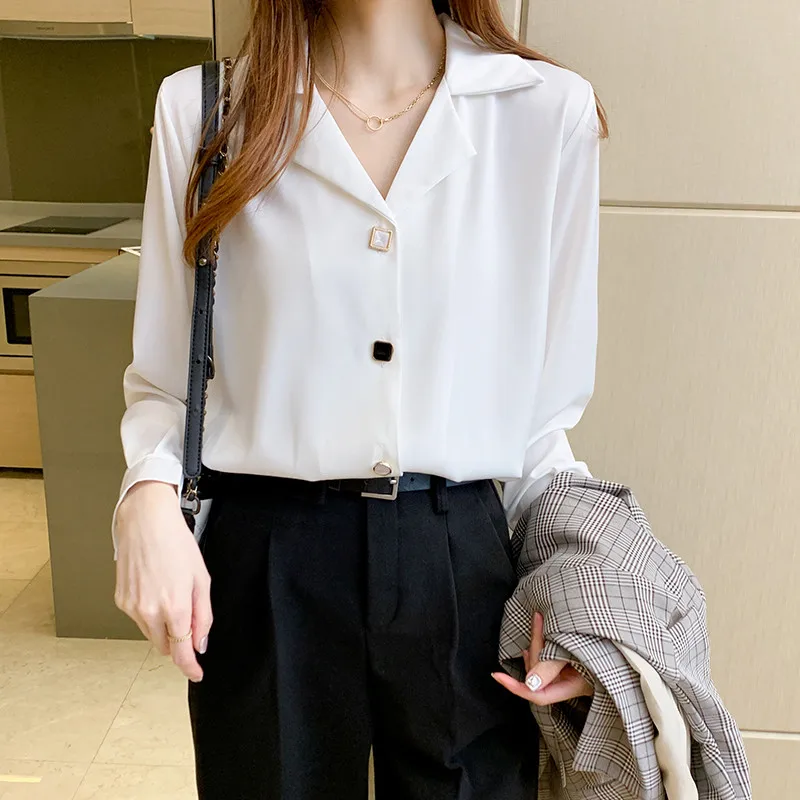 

E447 Blouse V-neck Blouse Moda Blusas Blouses Shirt Chiffon White Tops Blouse Mujer Blusas Black Long De Sleeve Women Femme Whi