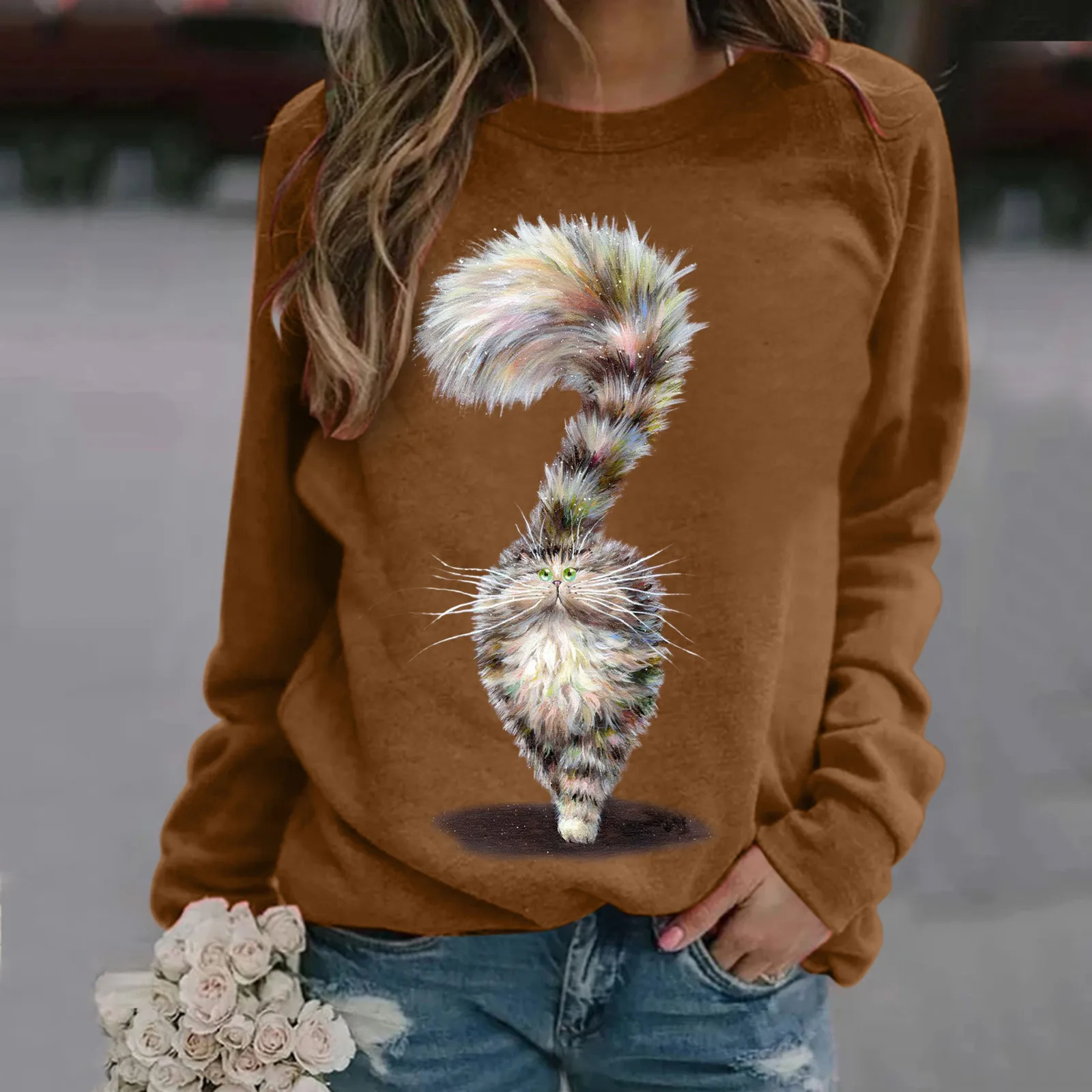 Женский свитшот с длинным рукавом повседневный Свободный пуловер круглым