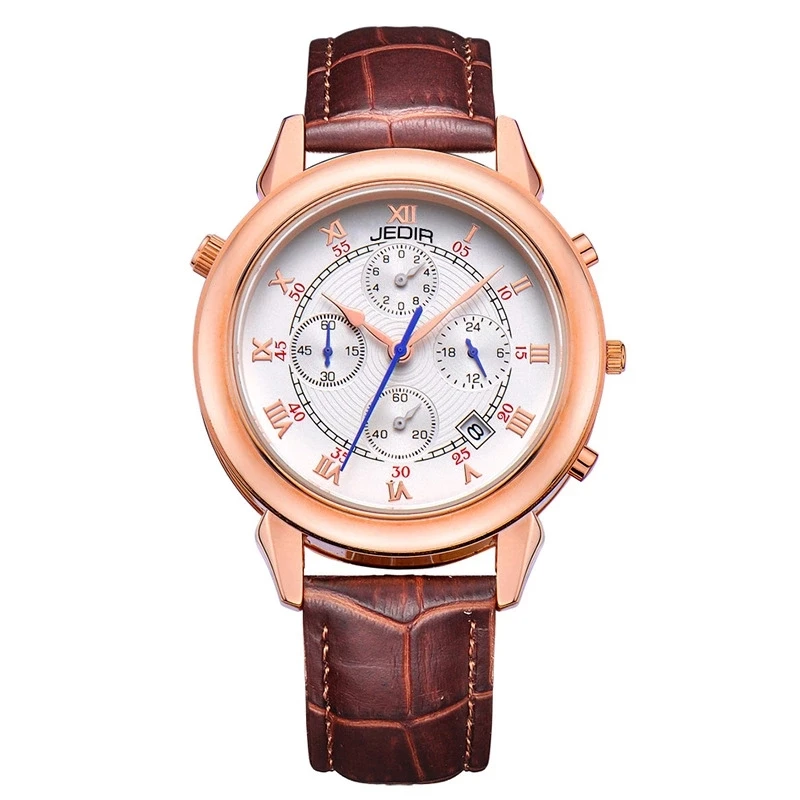 Мужские деловые часы JEDIR с отображением даты и кожаным ремешком кварцевые