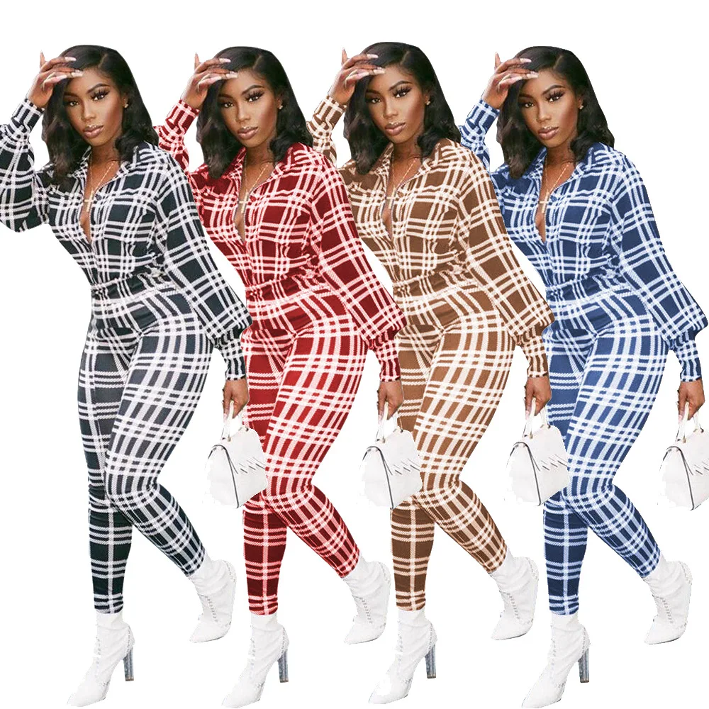 

Adogirl Casual Plaid Jumosuit Woman Turn-down Collar Single-breasted Lantern Sleeve One Piece Rompers Office Lady Wear Outfits