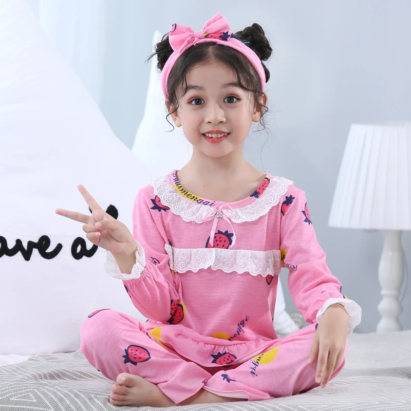 3 шт. детская пижама с принтом фруктов кружевной воротник штаны и повязка на