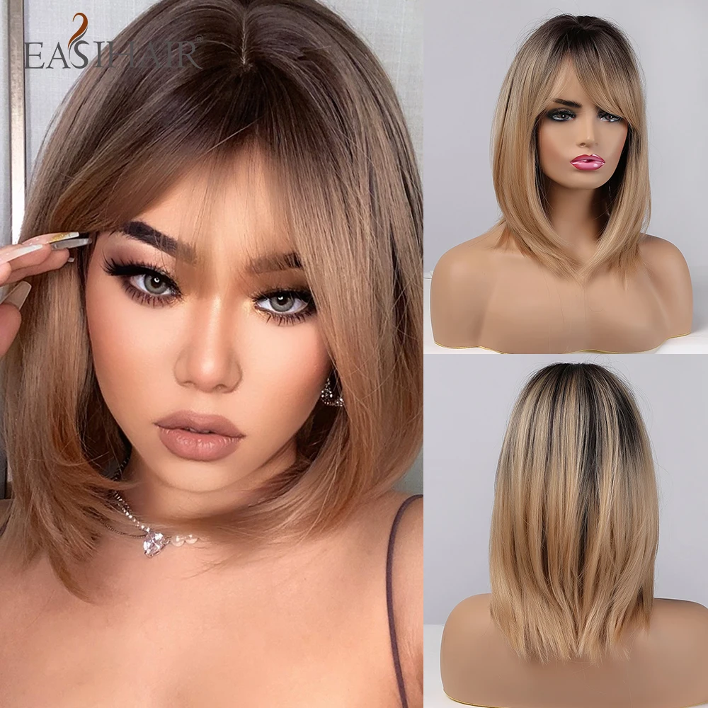 EASIHAIR Brown Blonde Ombre Wigs for Women Synthetic Hair Wigs Natural Layered Wigs with Side Bangs Heat Resistant Wig