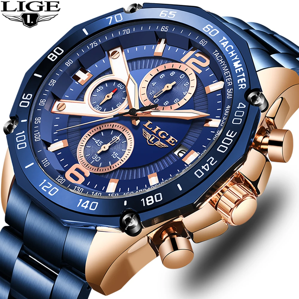 LIGE Креативный дизайн часы Мужские Роскошные Кварцевые наручные с хронографом из