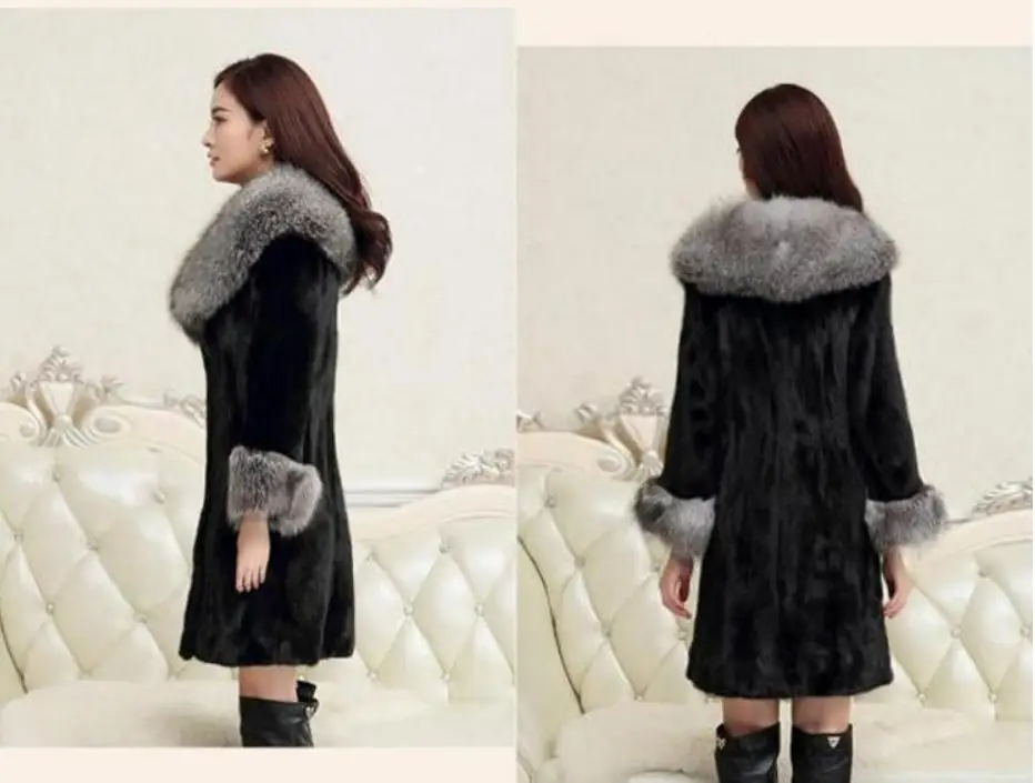 S/6XL Женская длинная куртка с воротником из искусственного лисьего меха Повседневная тонкая шуба из искусственного меха норки большой размер Лоскутная Женская зимняя верхняя одежда J273