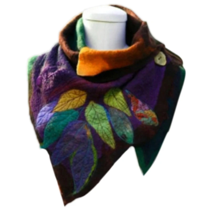 

Women Winter Irregular Button Scarf Multicolor Leaf Print Warm Shawl Wrap Poncho 6XDA