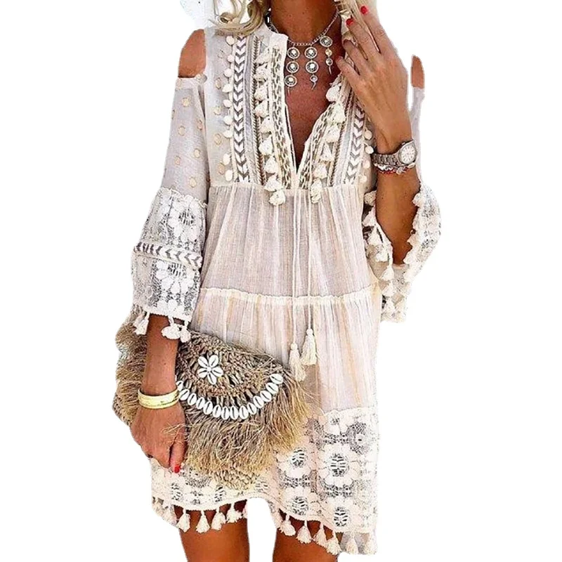 

Fashion Hollow Out Off Shoulder Sexy Dress Summer Lace Tassel Cotton Linen Vintage Dress Elegant V-Neck Solid Mini Party Dresses
