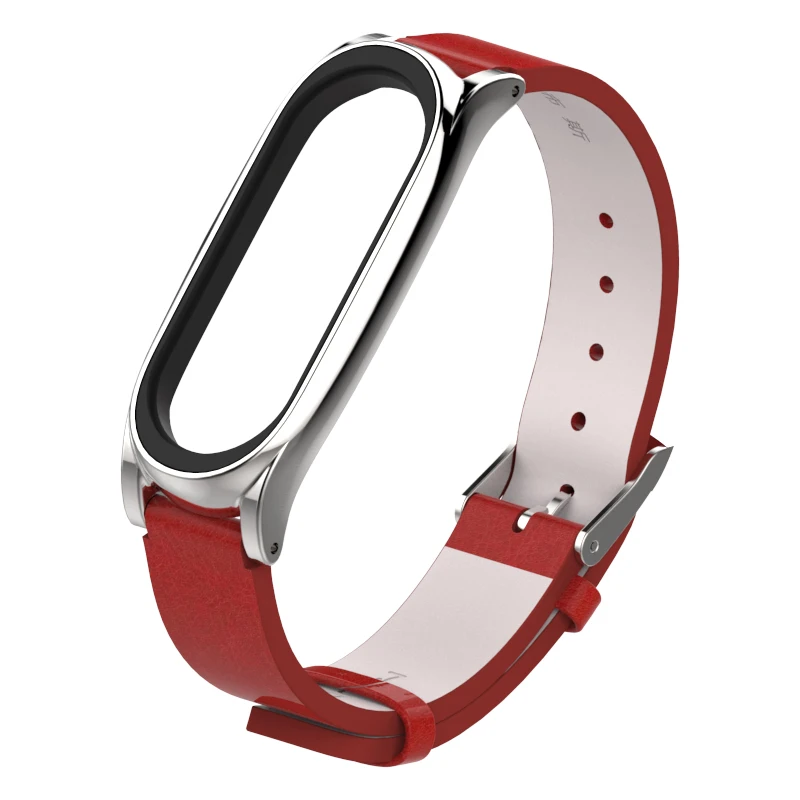 Mi4 3 PU Red Silver Mi jobs mi Band 4 Кожаный ремешок на запястье металлический чехол для mi band 4/3 сменный ремешок подходит для Xiaomi mi Band 4 mi Band 3 - Цвет: Mi4 3 PU Red Silver