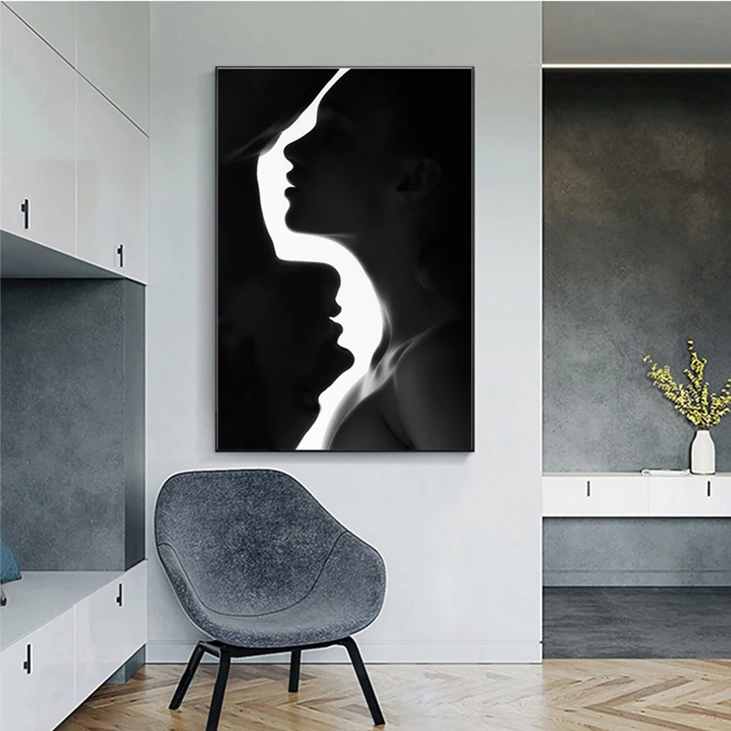 

Modern Kissing Lover Poster Print Artistic Wall Pictures for Bedroom Tableaux Muraux Moderne Abstract Black and White Canvas Art