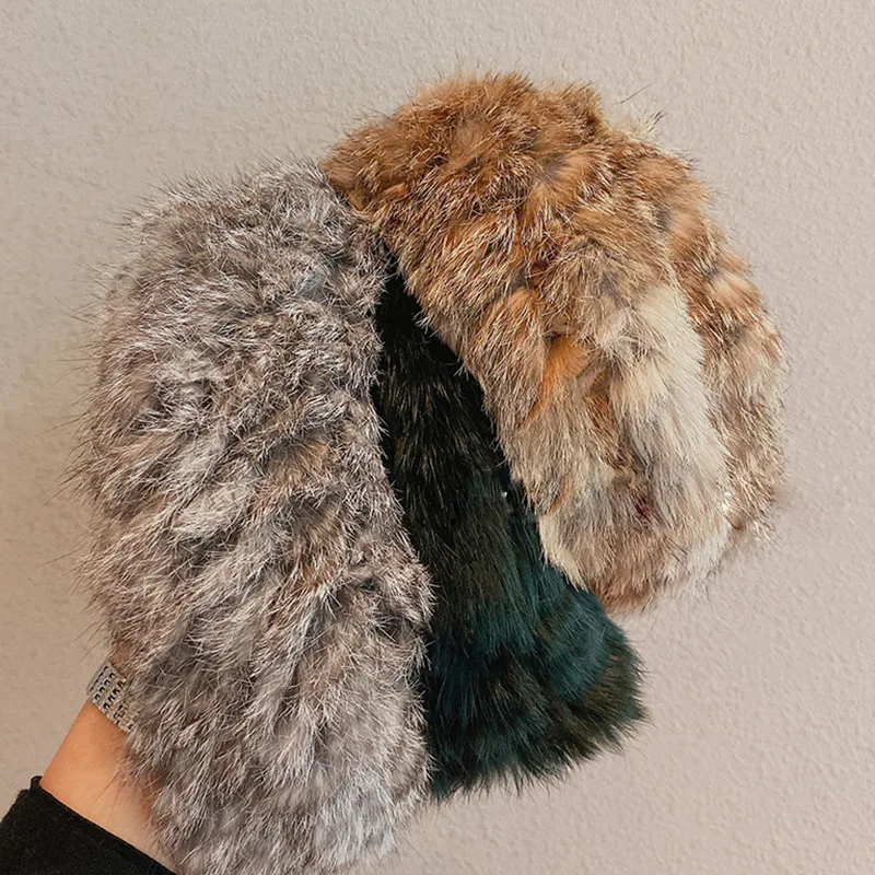 

Women Winter Rabbit Fur Hat Girls Cool Outdoor Fur Headband For Female Warm Flush Beanie Caps Fall Skullies Beany