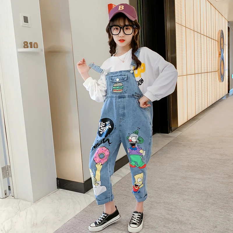 Комбинезон джинсовый для девочек подростков свободный школьный комбинезон с