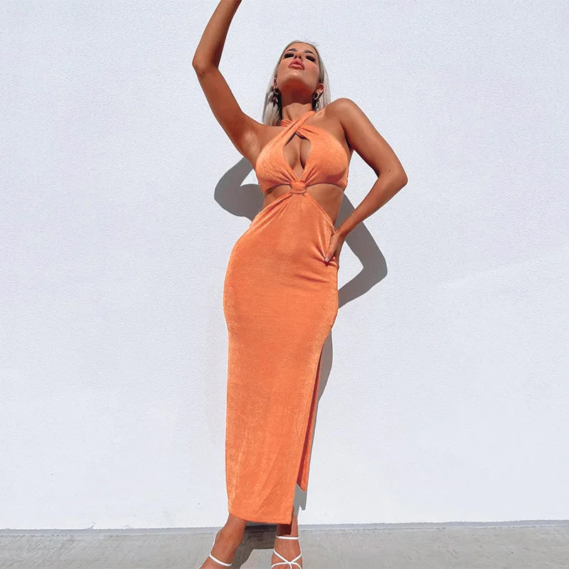 

Summer Clothes For Women Sexy Dress Rest New Neck Hung High Waist Split Hollow Out Skirt Print Elegant Beach Outing 2021