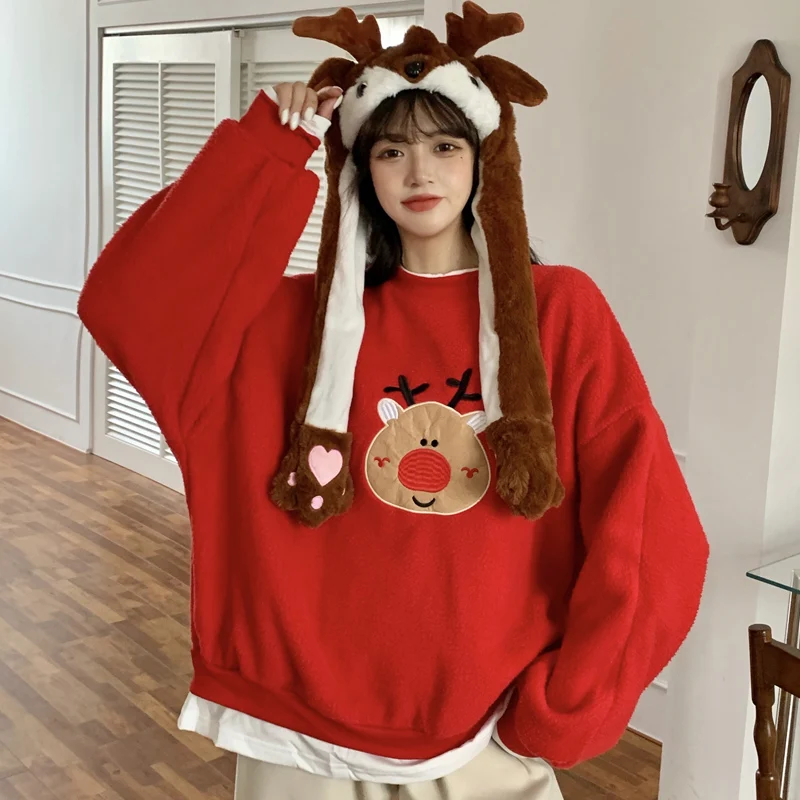 

Women 's Hoodie Christmas Jumper Red Cartoon Deer New Year Kawaii Loose Round Neck Pullover Streetwear Winter Coat Thick 2022