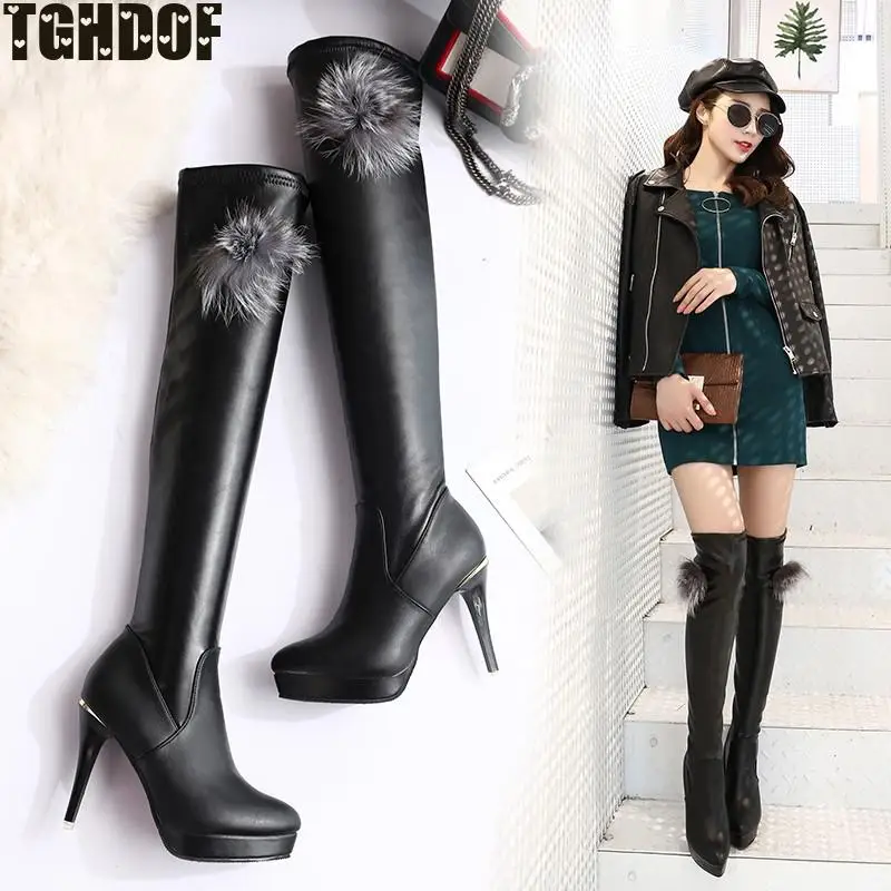 

Punk Style Spring, Autumn And Winter Women's Stretch Boots, High-heeled Long-tube Women's Boots, Leather Fur Ball Decoration 202