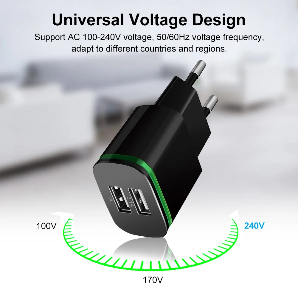 Сетевое зарядное устройство ANMONE с двумя USB-портами вилка стандарта ЕС США 5 В 2 А