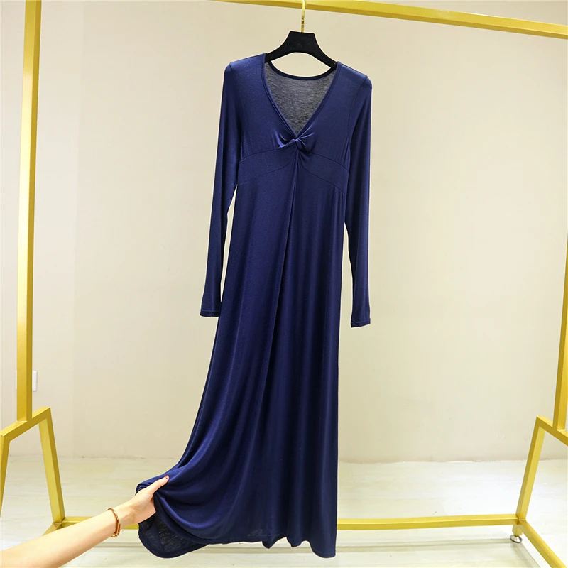 Женское трикотажное платье-миди с длинным рукавом и V-образным вырезом | Женская