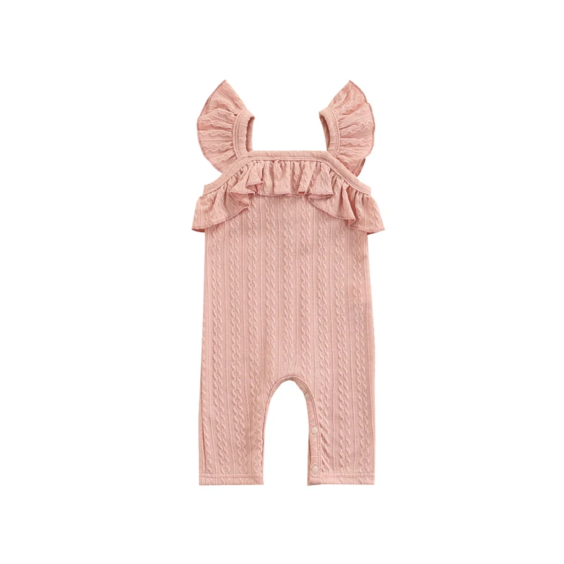 

Infant Baby Sleeveless Romper, Cute Solid Color Ruffle Strap Cable Knit Snap Leg Jumpsuit